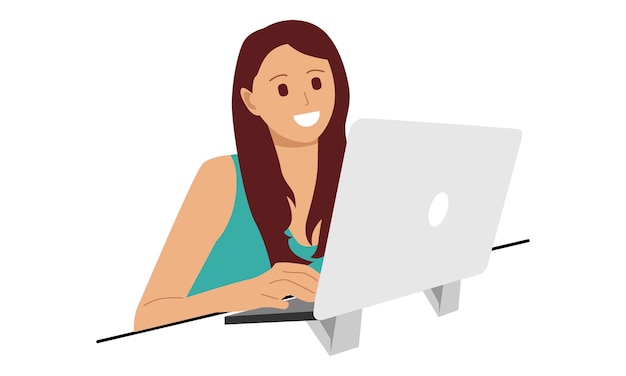 Vector woman at a desk on which stands a laptop