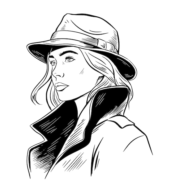 Vector woman detective black and white sketch