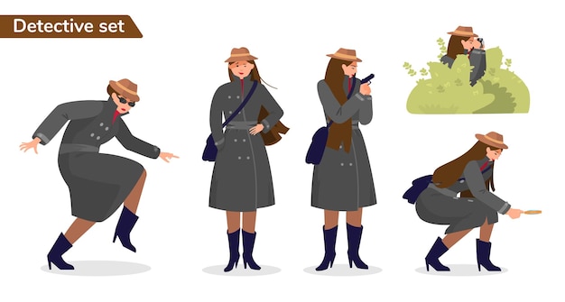 Vector woman detective illustrations set character design woman spy