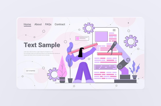 Sviluppatore donna con mano robotica che crea un sito web mobile ui programma di sviluppo di applicazioni web concetto di ottimizzazione del software copia orizzontale spazio a tutta lunghezza