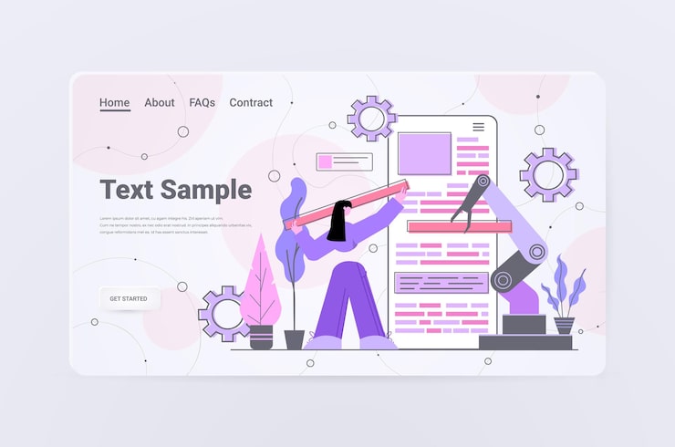 Vector woman developer with robotic hand creating mobile website ui web application development program software optimization concept horizontal copy space full length 