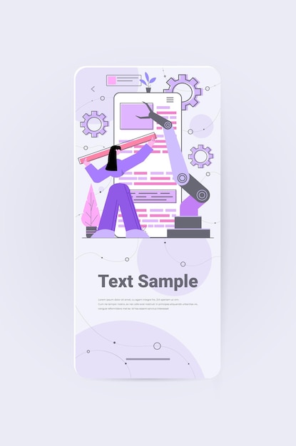 로봇 손으로 모바일 웹 사이트 Ui 웹 응용 프로그램 개발 프로그램 소프트웨어 최적화 개념 수직 복사 공간 전체 길이를 만드는 여성 개발자
