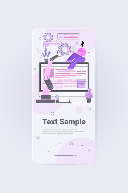 Sviluppatore donna con mano robotica che crea un sito web mobile ui programma di sviluppo di applicazioni web concetto di ottimizzazione del software copia verticale spazio integrale