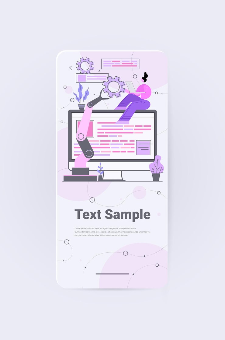 Vector woman developer with robotic hand creating mobile website ui web application development program software optimization concept vertical copy space full length 