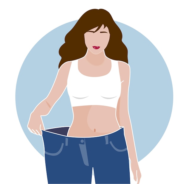 Vector woman dieting and bluejeans measuring