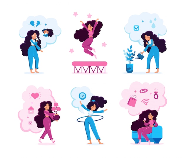 Vector woman in different life scenes concepts set