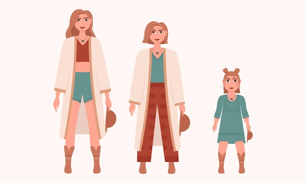 Woman of different life stages Child adult and old person Boho style fashion outfit