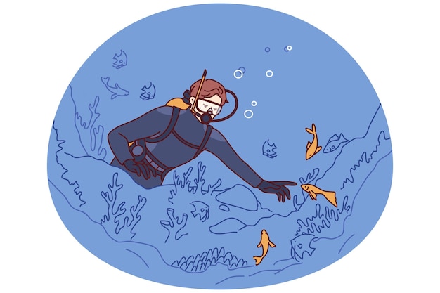 woman diver explores seabed getting involved in underwater travel and studying fish living in ocean