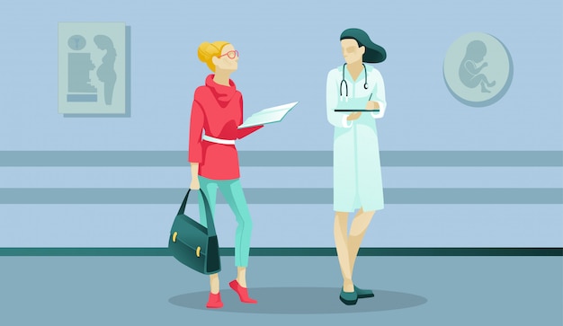 woman and doctor characters in maternity clinic