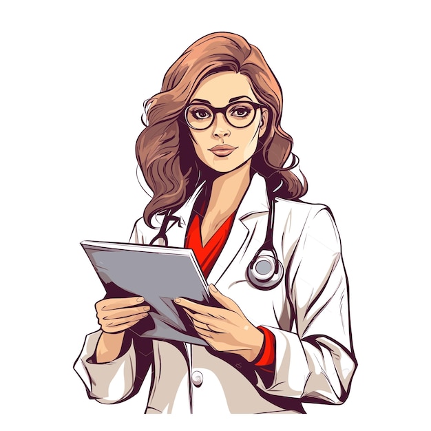 Woman doctor holding a clipboard Young cartoon doctor with vector illustration Medical concept