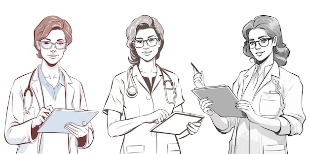 Woman doctor holding a clipboard Young cartoon doctor with vector illustration Medical concept