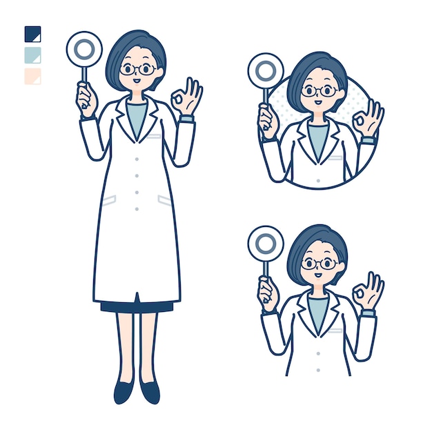 A woman doctor in a lab coat with Put out a circle panel images