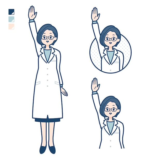 A woman doctor in a lab coat with raise hand images