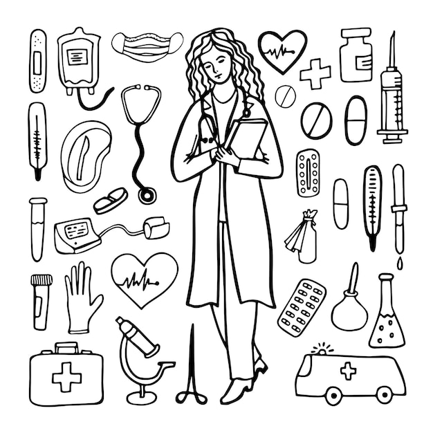 Woman doctor and medicine, set of black and white drawing in doodle style.