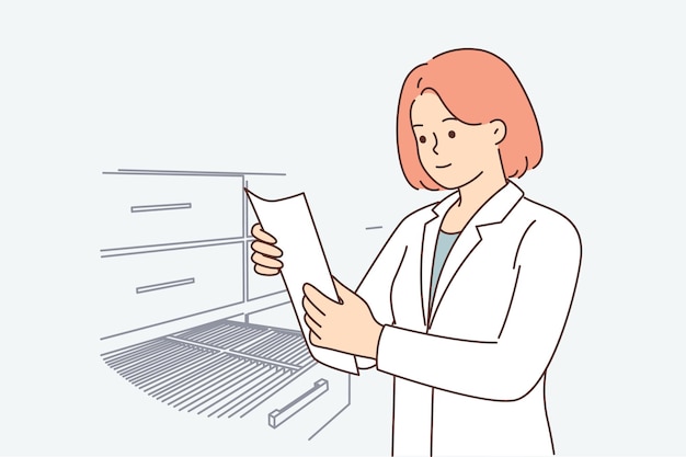 여성 의사나 의료 종사자는 병원 기록 보관소에 서서 옷장에서 환자 설문지를 꺼냅니다. 흰색 가운을 입은 소녀 의사는 질병과 위험한 바이러스에 대한 정보를 연구합니다.