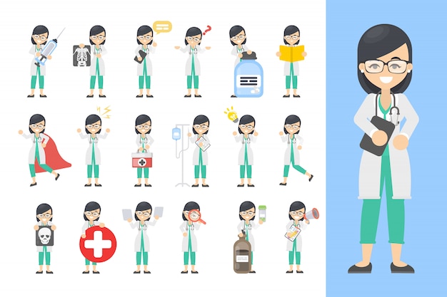 Vector woman doctor set. posing and emotions with equipment.