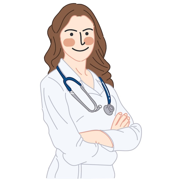 聴診器をつけて腕を組む女性医師