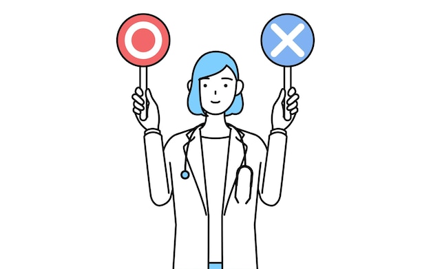 A woman doctor in white coat holding a stick indicating correct and incorrect answers