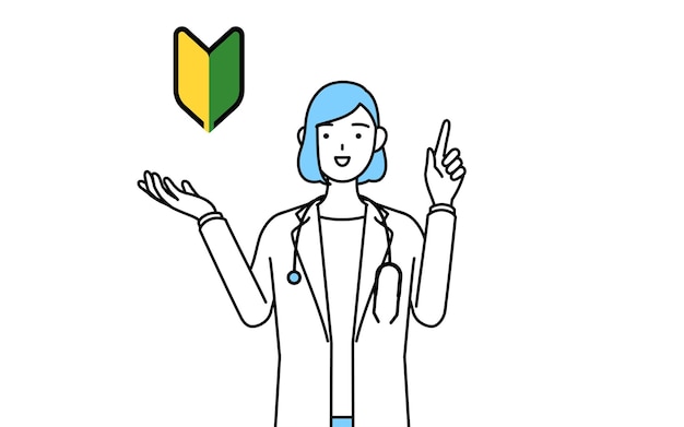 A woman doctor in white coat showing the symbol for young leaves