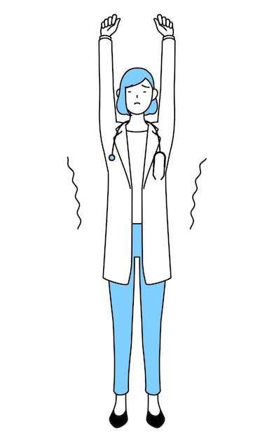 A woman doctor in white coat stretching and standing tall