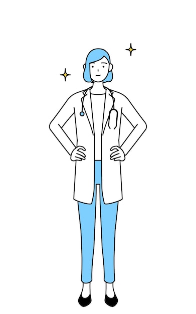 A woman doctor in white coat with her hands on her hips
