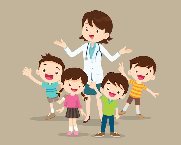 Woman doctor with kids happy