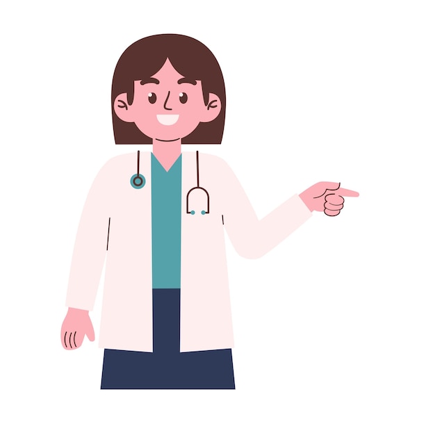 Woman doctor with stethoscope and a stethoscope in her hand pointing to the right.