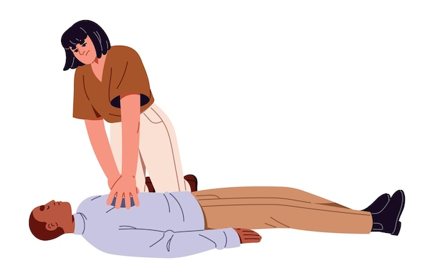 woman does cpr to unconscious person first aid in heart attack cardiac massage in emergency medical help reanimation in accident life rescue flat isolated vector illustration on white background