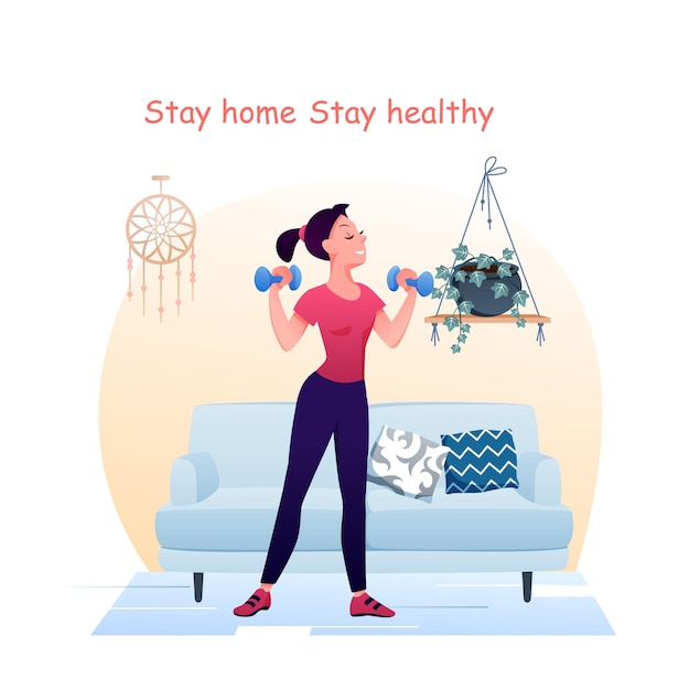 woman does sport exercises with dumbbells at home