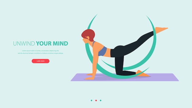 Woman does yoga pose or asana posture with yoga word. Landing page for yoga studio.