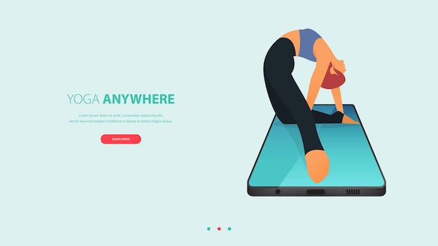 Vector woman does yoga pose or meditating on phone. landing page for yoga anywhere concept.