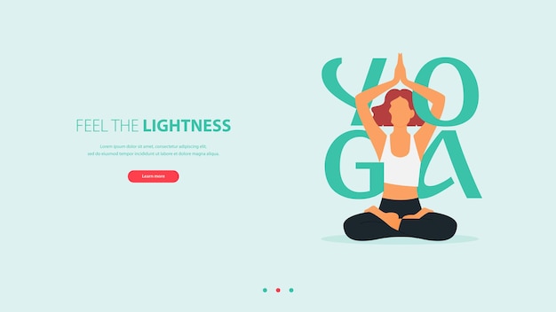 Vector woman does yoga pose with yoga word. exercise, landing page for workout for yoga anywhere concept.