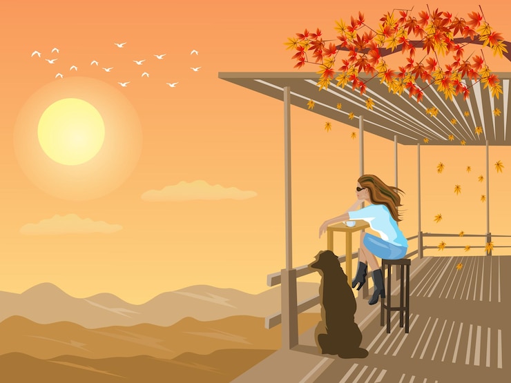 Vector a woman and a dog look at the sunset in a bamboo shed on a mountain with sunset in the background.