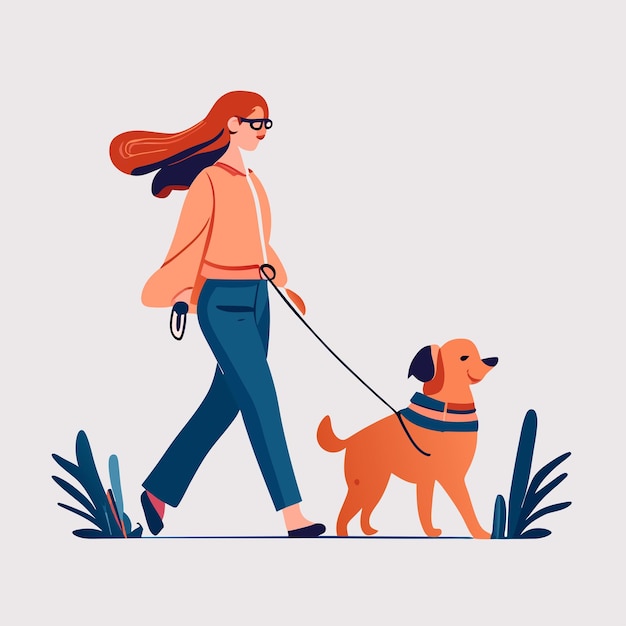 Vector woman dog owner walking with puppy leading it on leash girl going with doggy