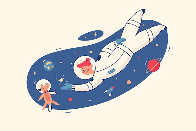 Woman and dog in space illustration