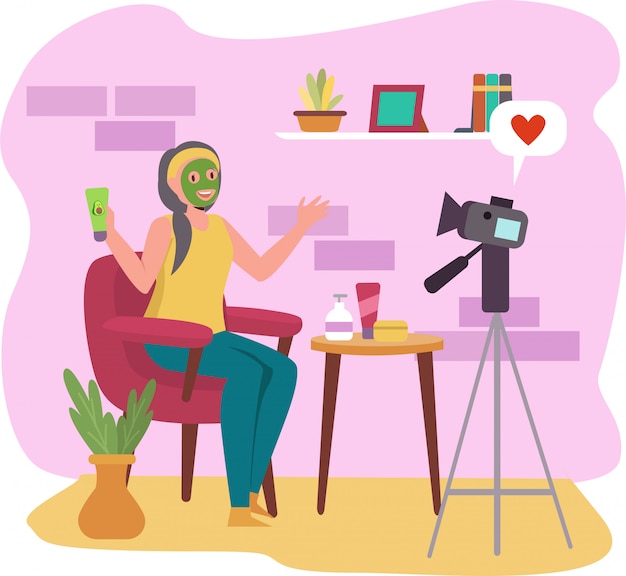 Una donna che fa bellezza vlog a casa iilustration