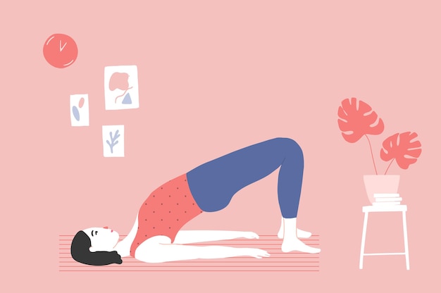 Donna che fa la posa del ponte, lo yoga o l'allenamento di pilates a casa. interno rosa accogliente della stanza. illustrazione piana di vettore.