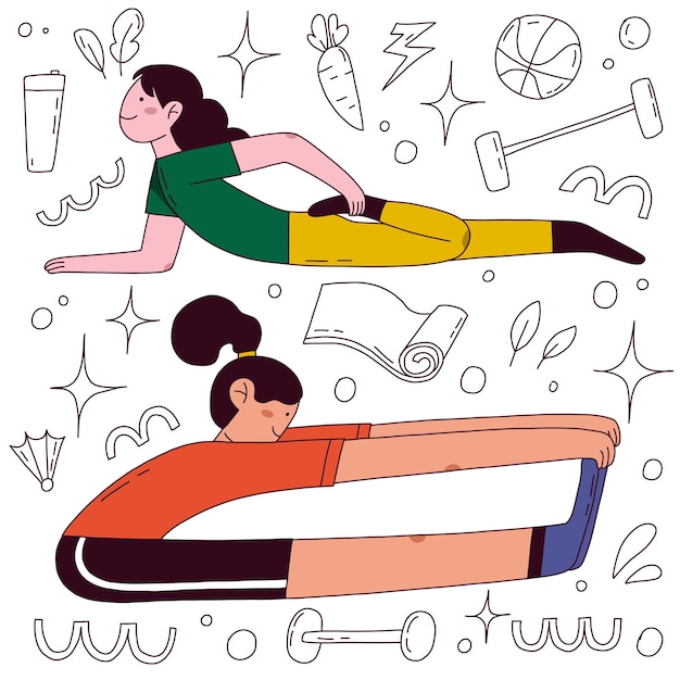 Вектор Женщина делает упражнения каракули, нарисованные вручную плоской иллюстрацией. фитнес, гимнастика, йога спорт в цвете