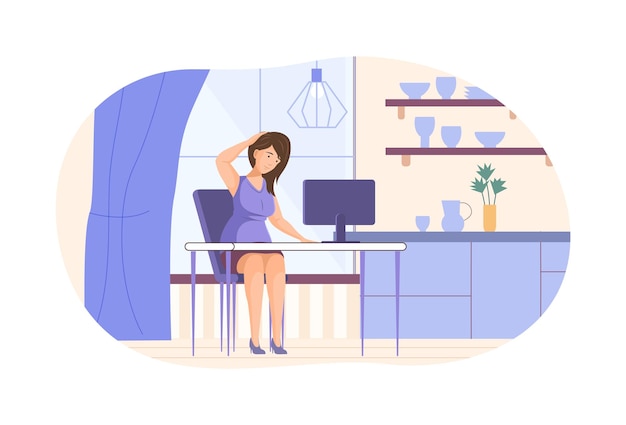 Vector woman doing exercises for neck and head at her desk