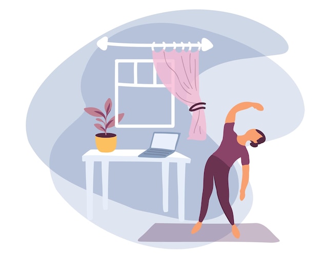 Woman doing exercises. Stay at home, keep fit and positive. Online training. Sports internet fitness