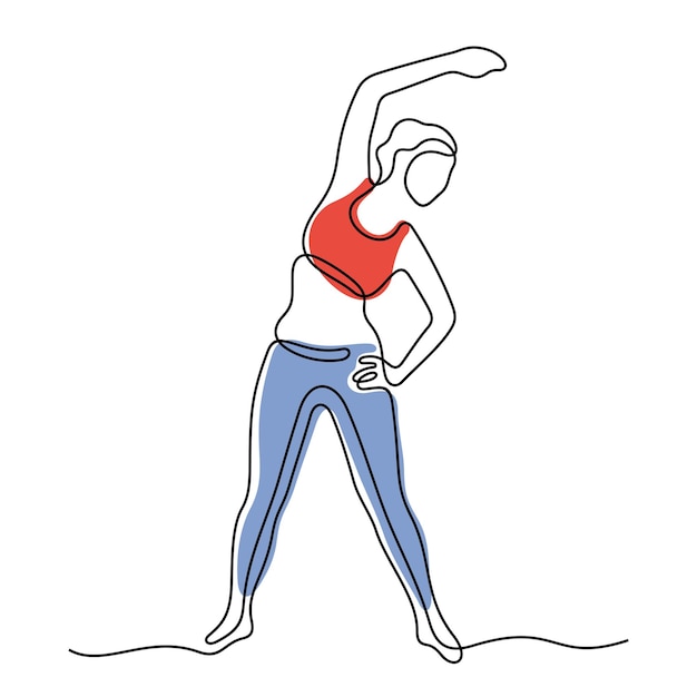 Woman doing fitness exercises continuous line colourful vector illustration