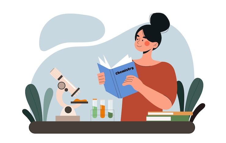 Vector woman doing homework concept young girl reading book student prepare for test or examination