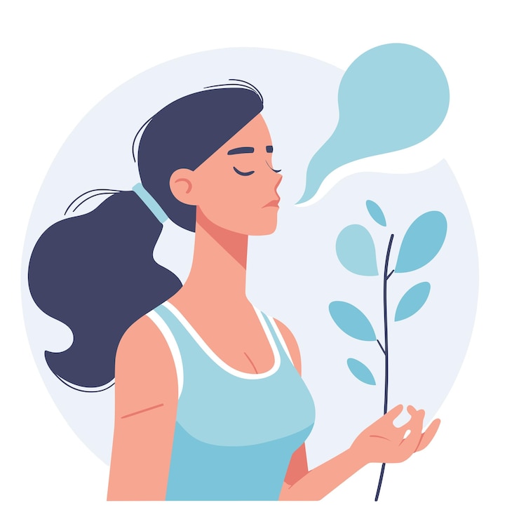 Vector woman doing inhale breath exercise for calm stress relief vector illustrations on white background