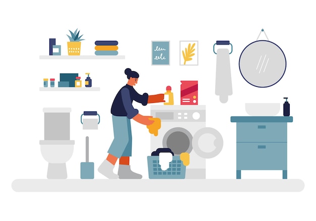 Woman doing laundry illustration. female character puts things in washing machine and pours in liquid detergent. cozy bathroom with toilet and shelves round mirror above bedside table vector flat.