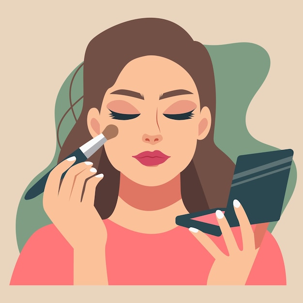 Woman doing makeup flat cartoon vector