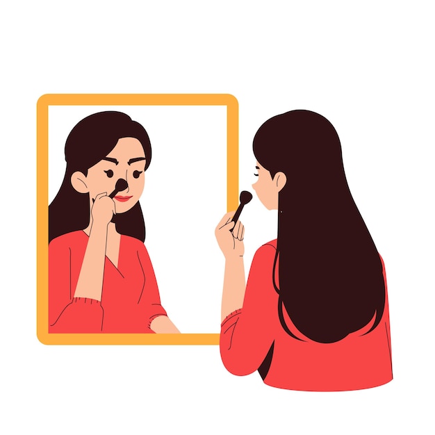 Woman doing makeup in front of mirror