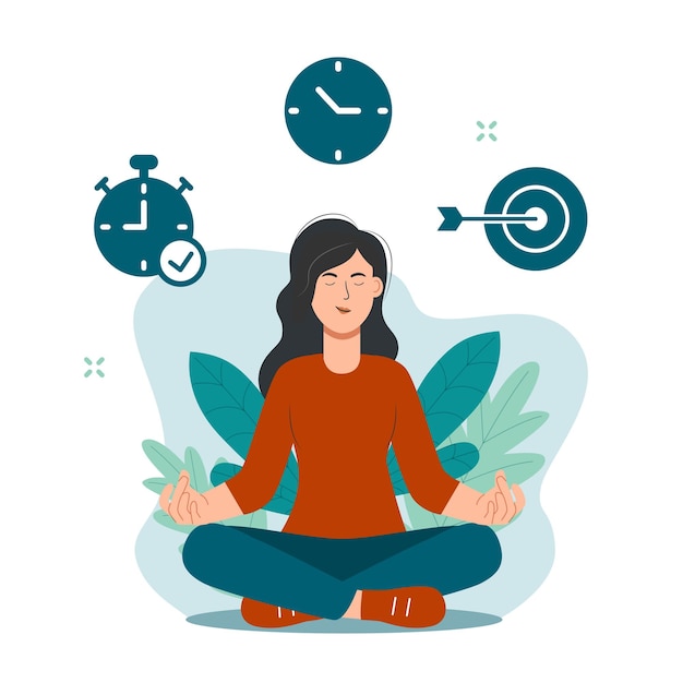 Вектор Женщина делает медитацию в рабочее время, чтобы успокоить стрессовые эмоции