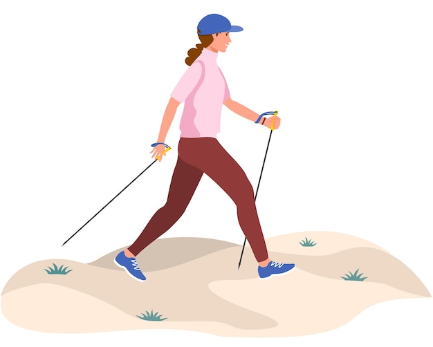 Woman doing nordic walking exercising A young woman walks on foot with walking sticks Healthy