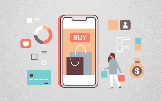 Vettore donna che fa shopping online utilizzando l'applicazione mobile