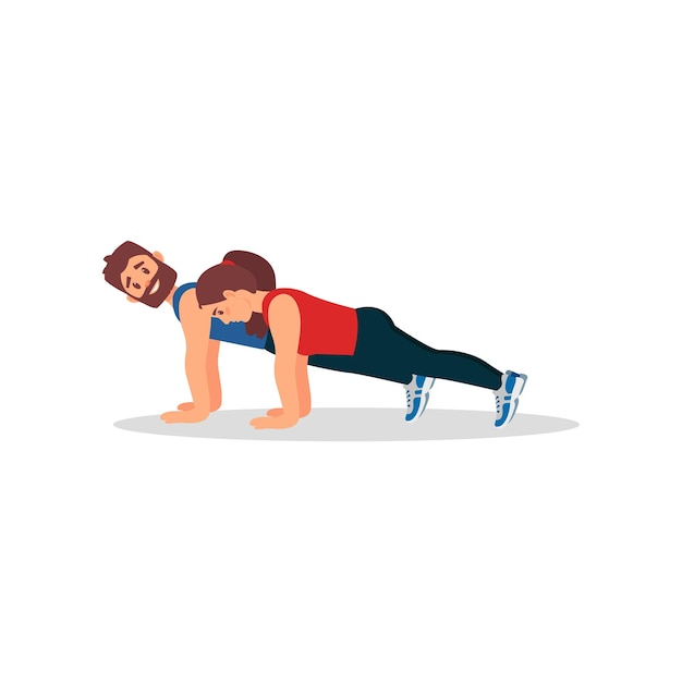 Vector woman doing plank press exercise with her personal trainer physical activity colorful flat vector design